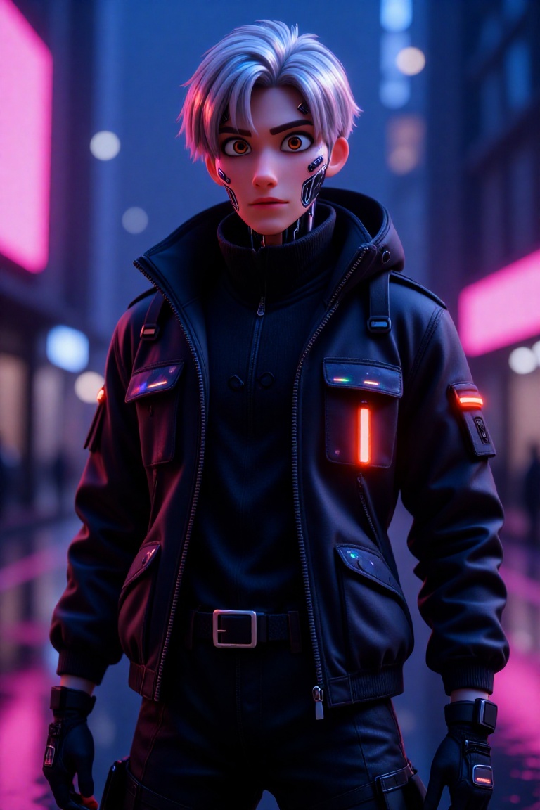Disney Pixar 3D image of A stunning high-fashion of a cyberpunk street samurai in Neo-Tokyo on a rainy night. The subject...