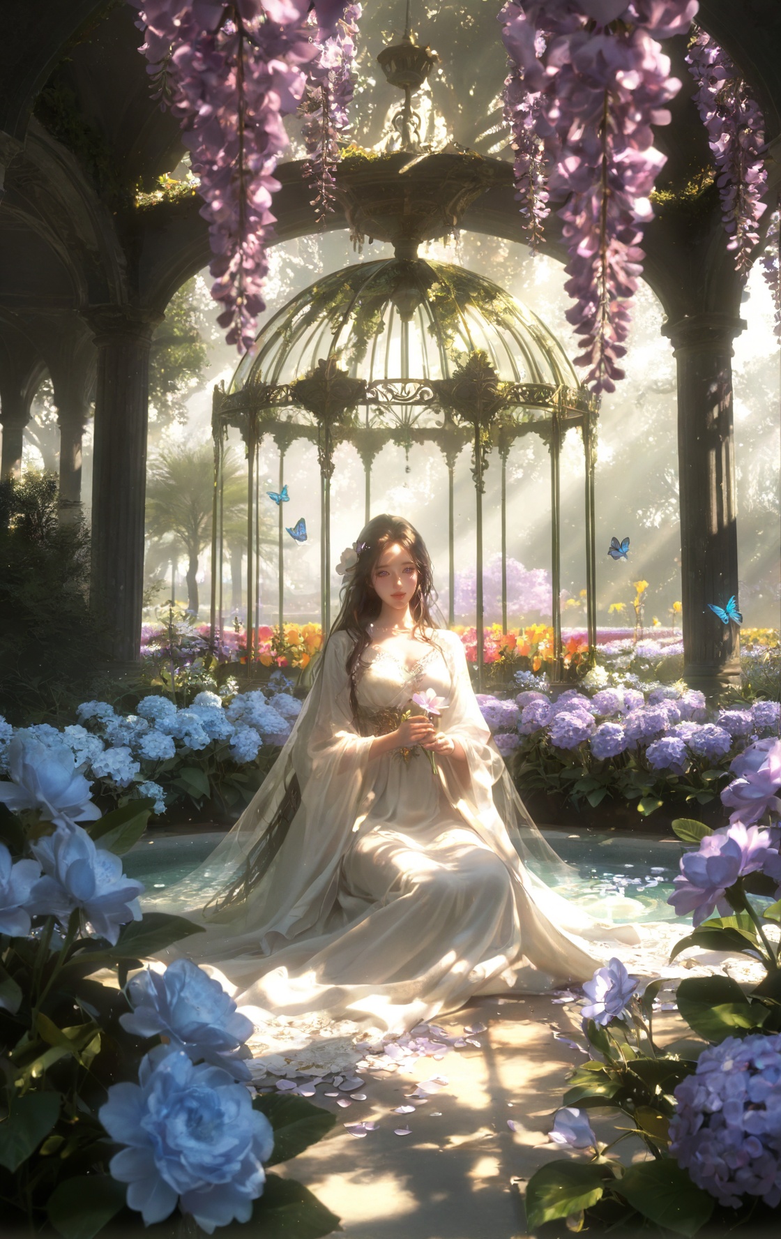 1girl ,  beautiful elegant woman in a grand fantasy garden filled with countless varieties of flowers from around the worl...