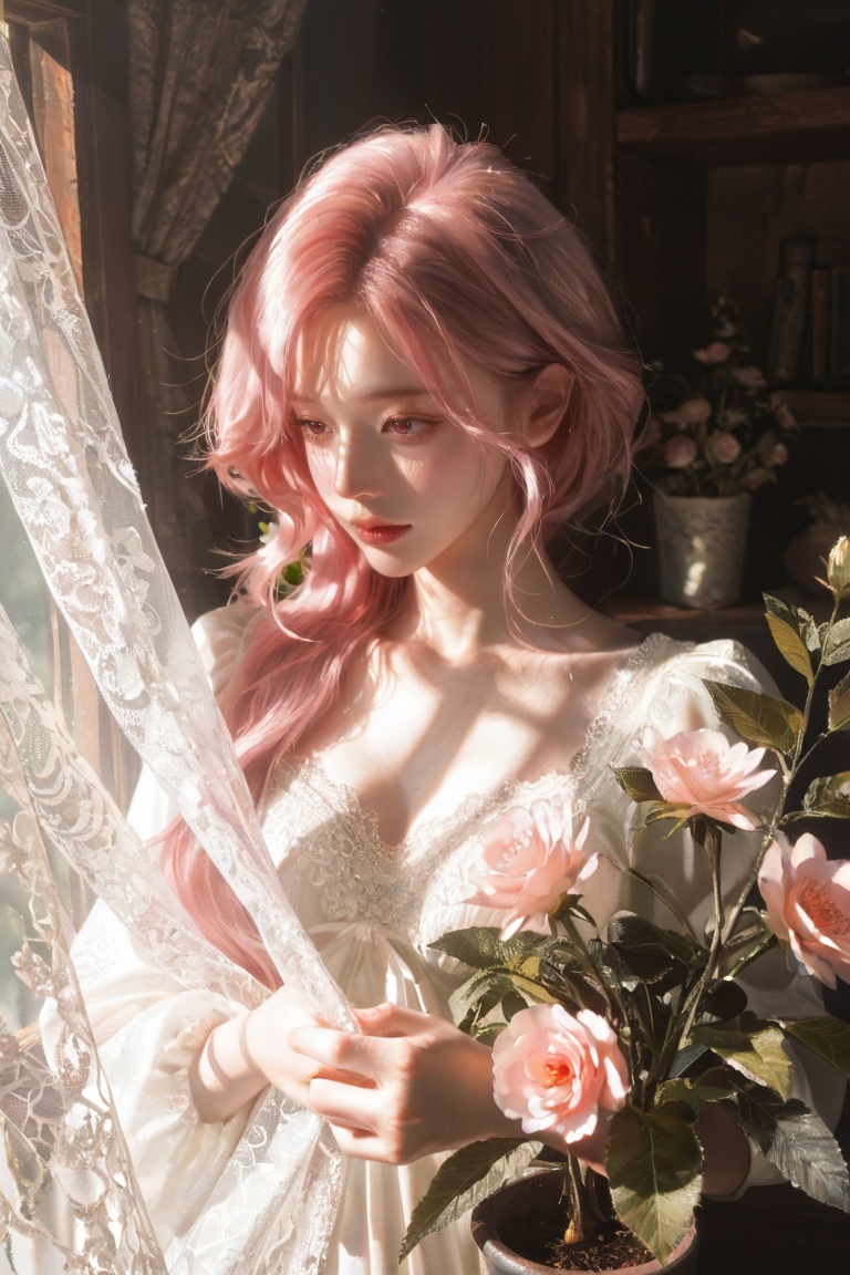 1girl ,  cute face ,  pink hair Cozy vintage cottage interior looking out through an open window to a blooming cottage gar...