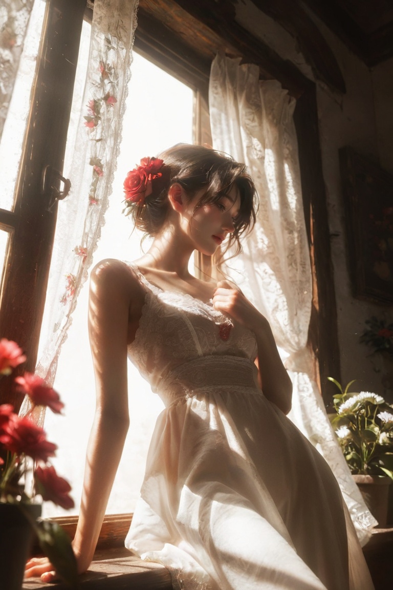 1girl ,  cute face Cozy vintage cottage interior looking out through an open window to a blooming cottage garden,  wild ro...