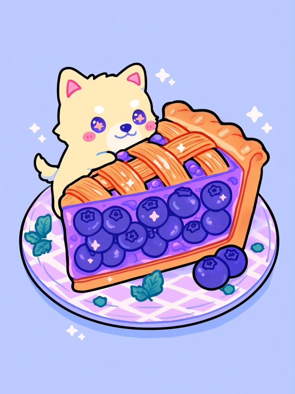 b8b0,  sparkle,  cute puppy with blush stickers peeking out of blueberry pie slice on Tensor.Art