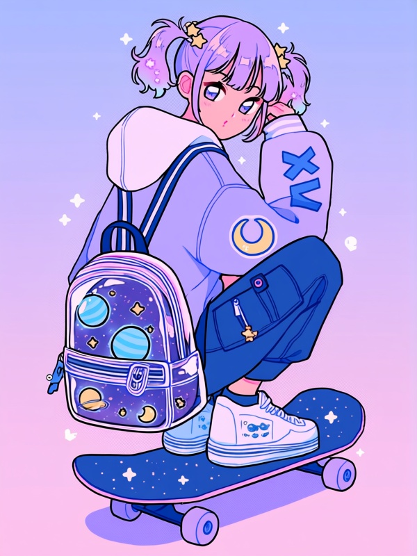 b8b0,  sparkle,  girl with star-shaped hair clips riding skateboard with galaxy deck design on Tensor.Art