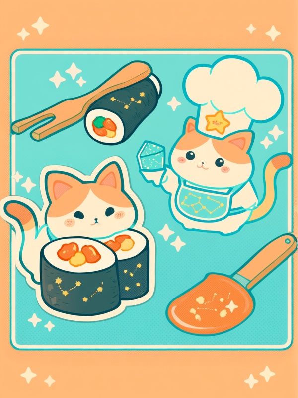 b8b0,  sparkle,  sushi chef cat making maki rolls with galaxy rice on Tensor.Art