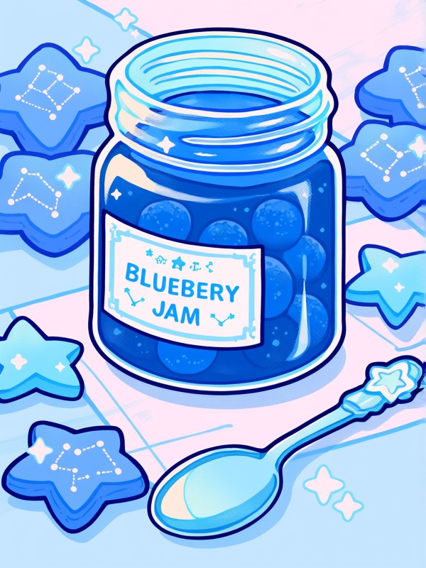 b8b0,  sparkle,  glass jar of blueberry jam with constellation label on Tensor.Art