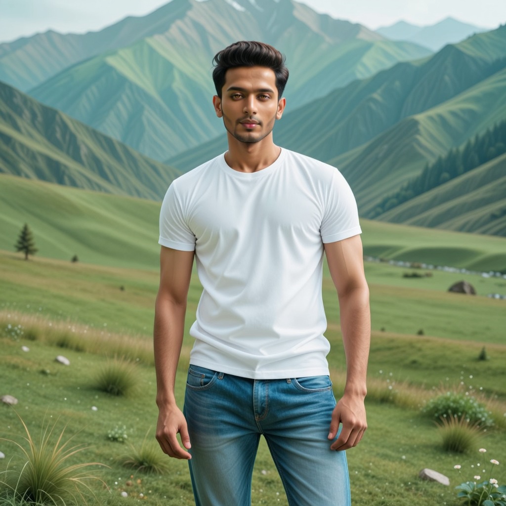 Imagine the following surreal scene: beautiful green mountain background (((in the center of the image a beautiful man loo...