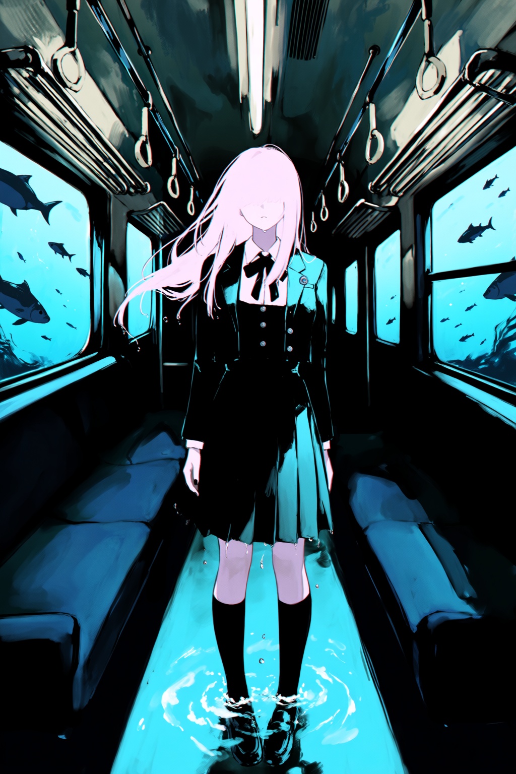 A surreal digital illustration features a ghostly figure standing in a narrow train carriage filled with water up to their...
