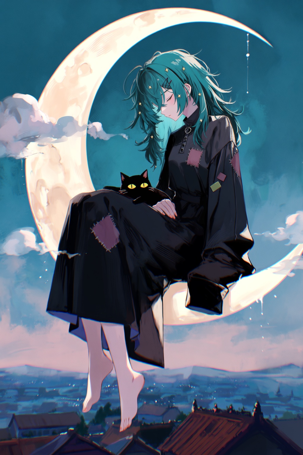 A melancholic digital painting portrays a young witch sitting inside a giant crescent moon suspended above a sleeping city...