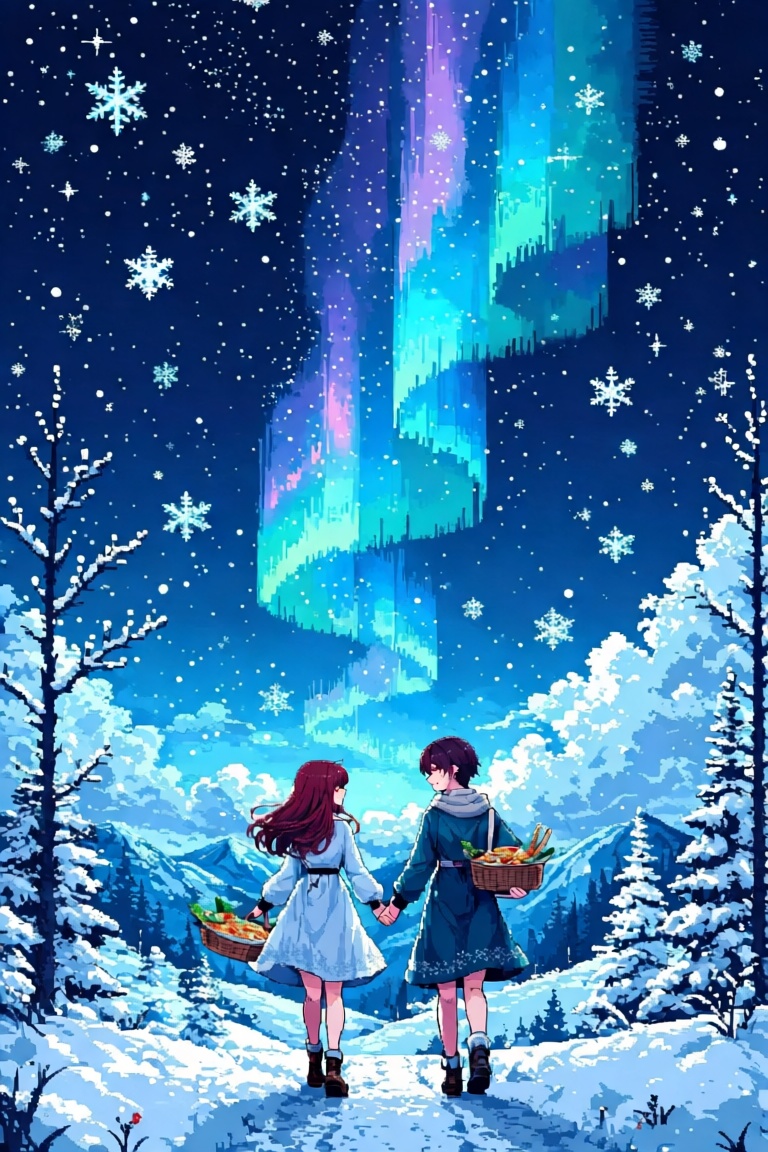 Create a pixel art scene in a 16-bit style featuring a couple walking through a snowy landscape under a vibrant aurora bor...