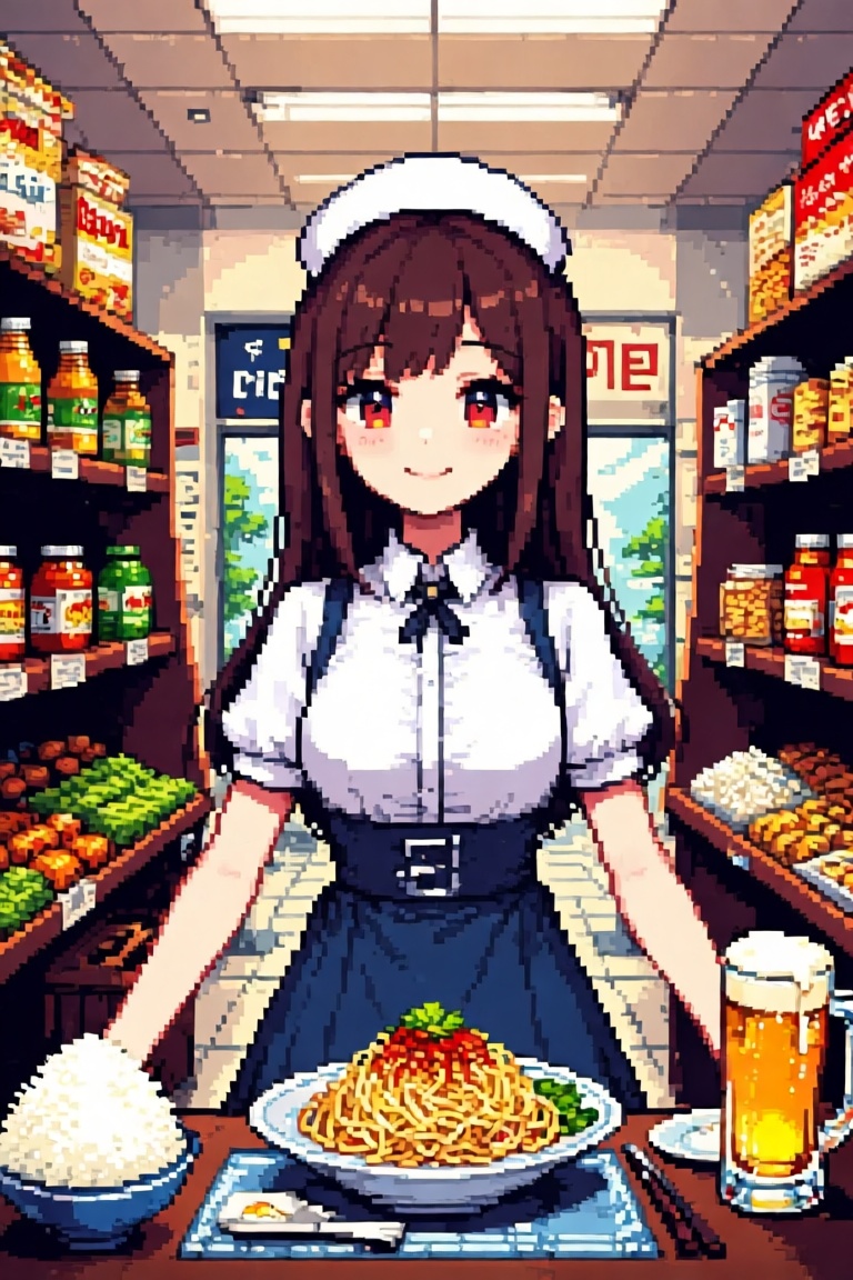 Create a retro game asset with a 16-bit pixel art style featuring rice,  noodles,  and beer in a shopping environment. The...