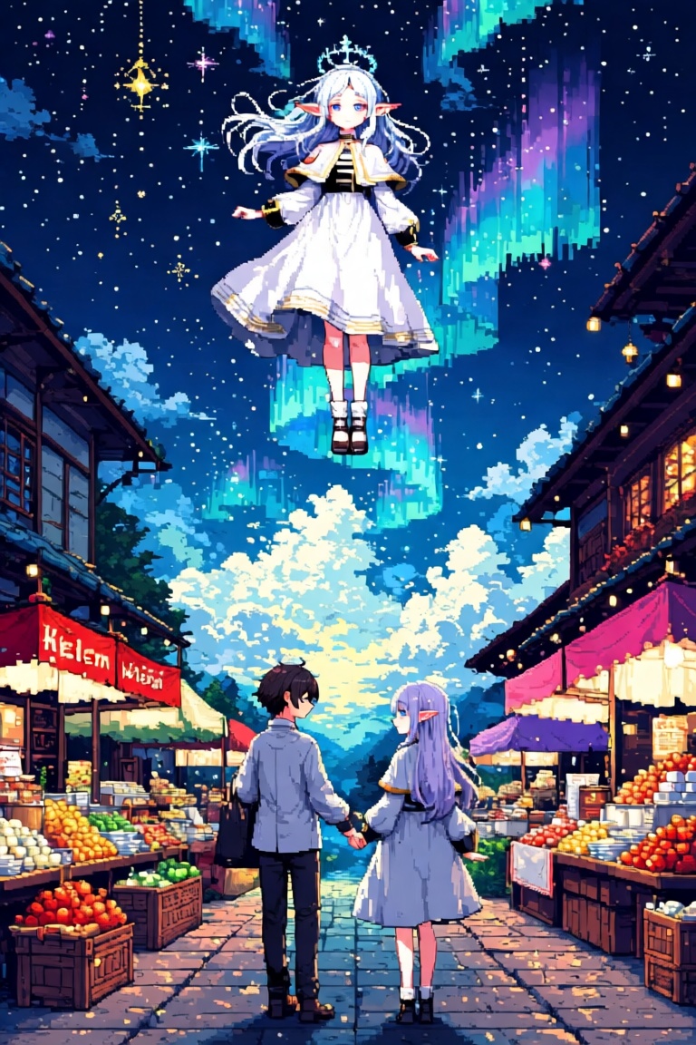 Create a couple of characters in a pixel art scene with a 16-bit style,  featuring a stunning Himmel and Frieren aurora in...