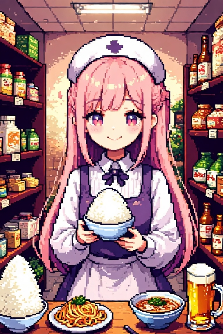 Create a retro game asset featuring a character shopping for rice,  noodles,  and beer in a pixelated 16-bit style. The en...