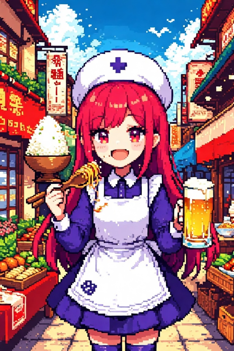 Create a retro game asset with a 16-bit pixel art style featuring a character holding rice and noodles,  sipping beer,  an...