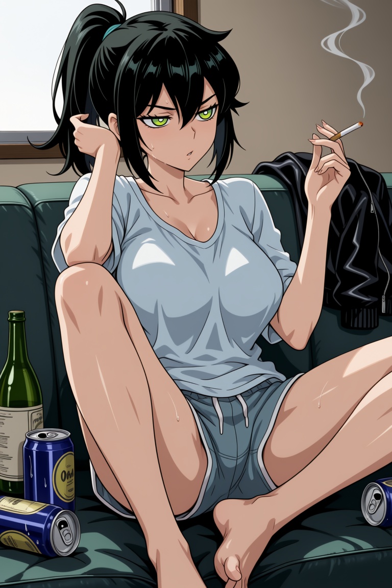 1girl with black hair tied in a ponytail,  with sidelocks and strands falling between her eyes. She has striking green eye...