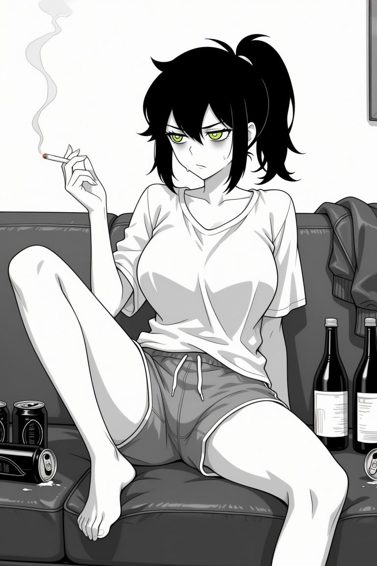 1girl with black hair tied in a ponytail,  with sidelocks and strands falling between her eyes. She has striking green eye...