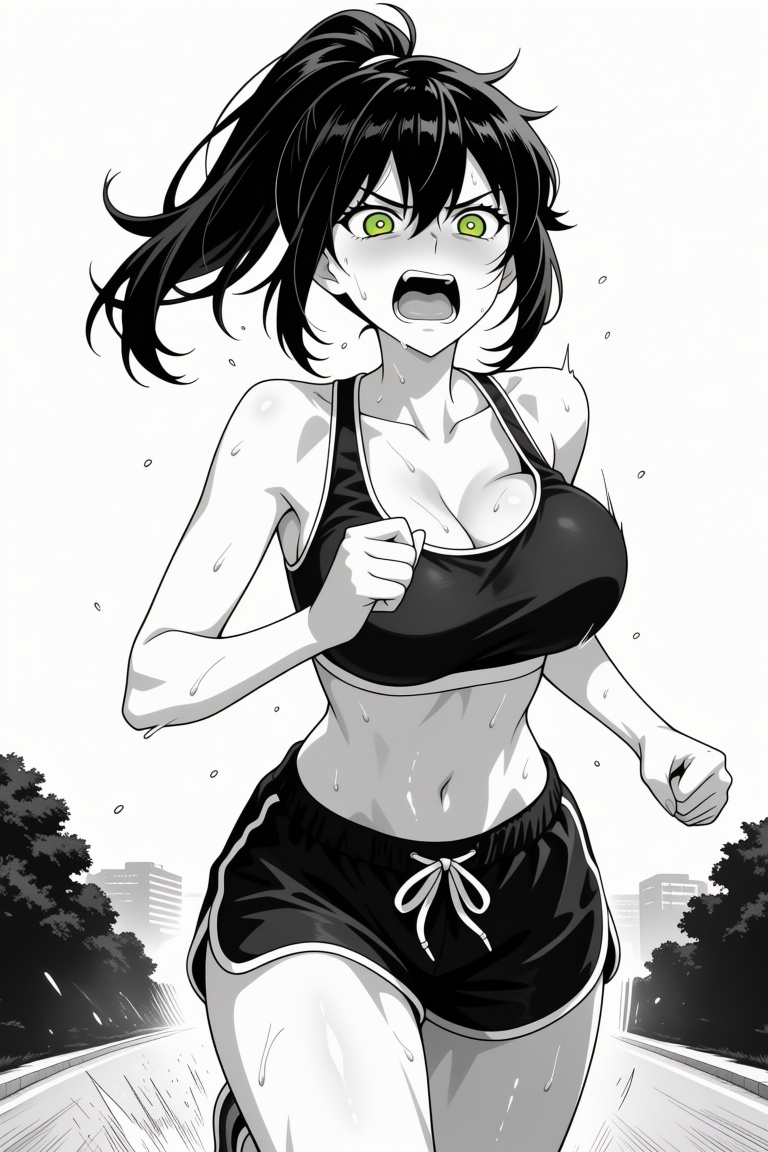 a single girl with black hair tied in a ponytail,  with sidelocks and strands falling between her eyes. She has striking g...
