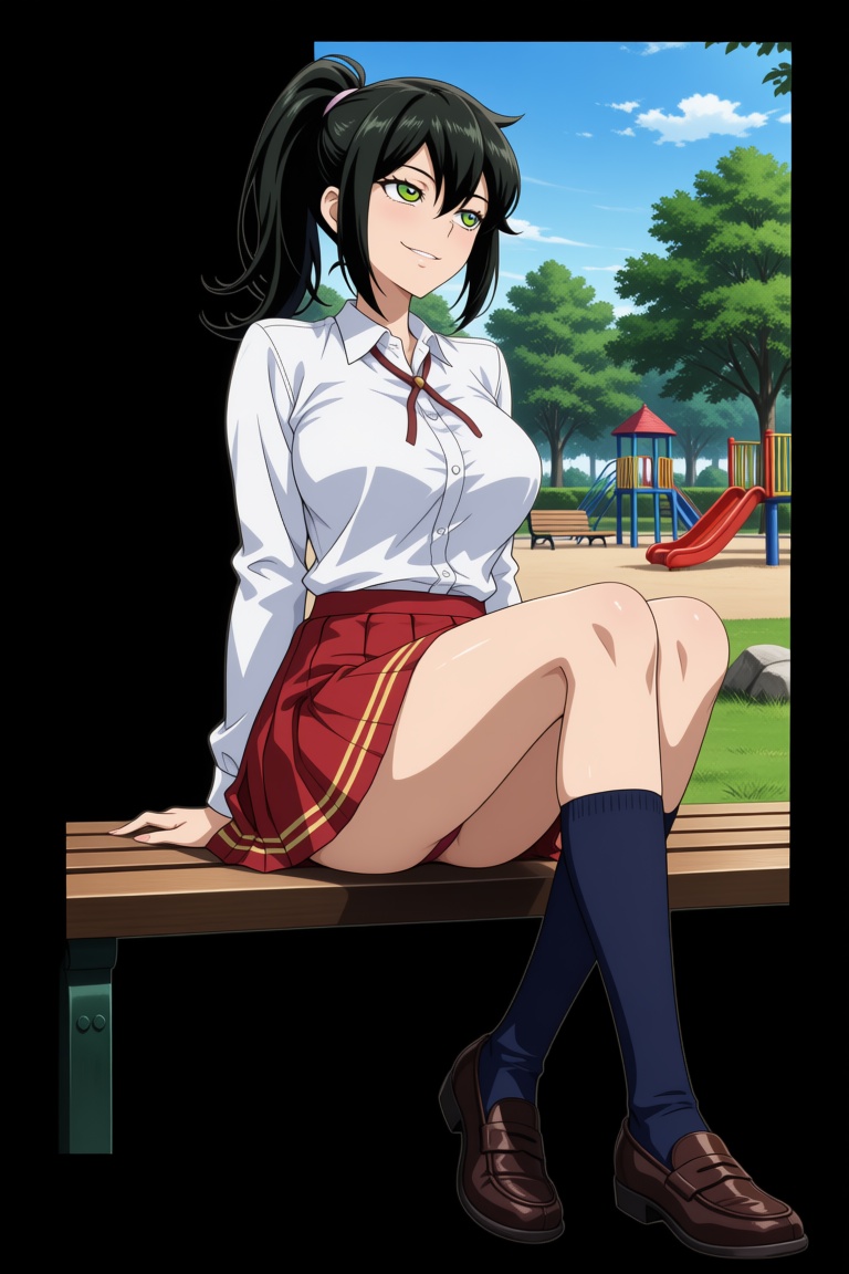 1girl with black hair tied in a ponytail,  with sidelocks and strands falling between her eyes. She has striking green eye...