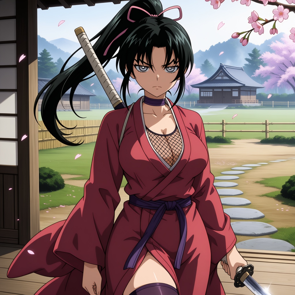 A single girl appears wearing traditional Japanese ninja clothing. She has long black hair tied in a ponytail,  with sidel...