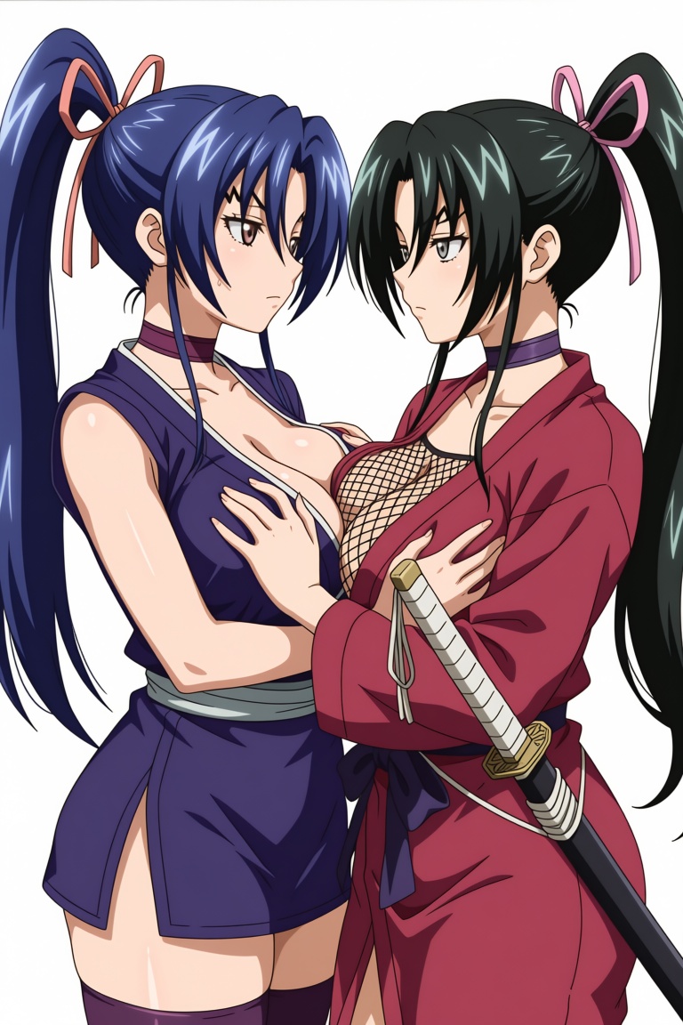 A girl on the left side with long blue hair tied in a ponytail,  with sidelocks and strands falling between her eyes,  dec...