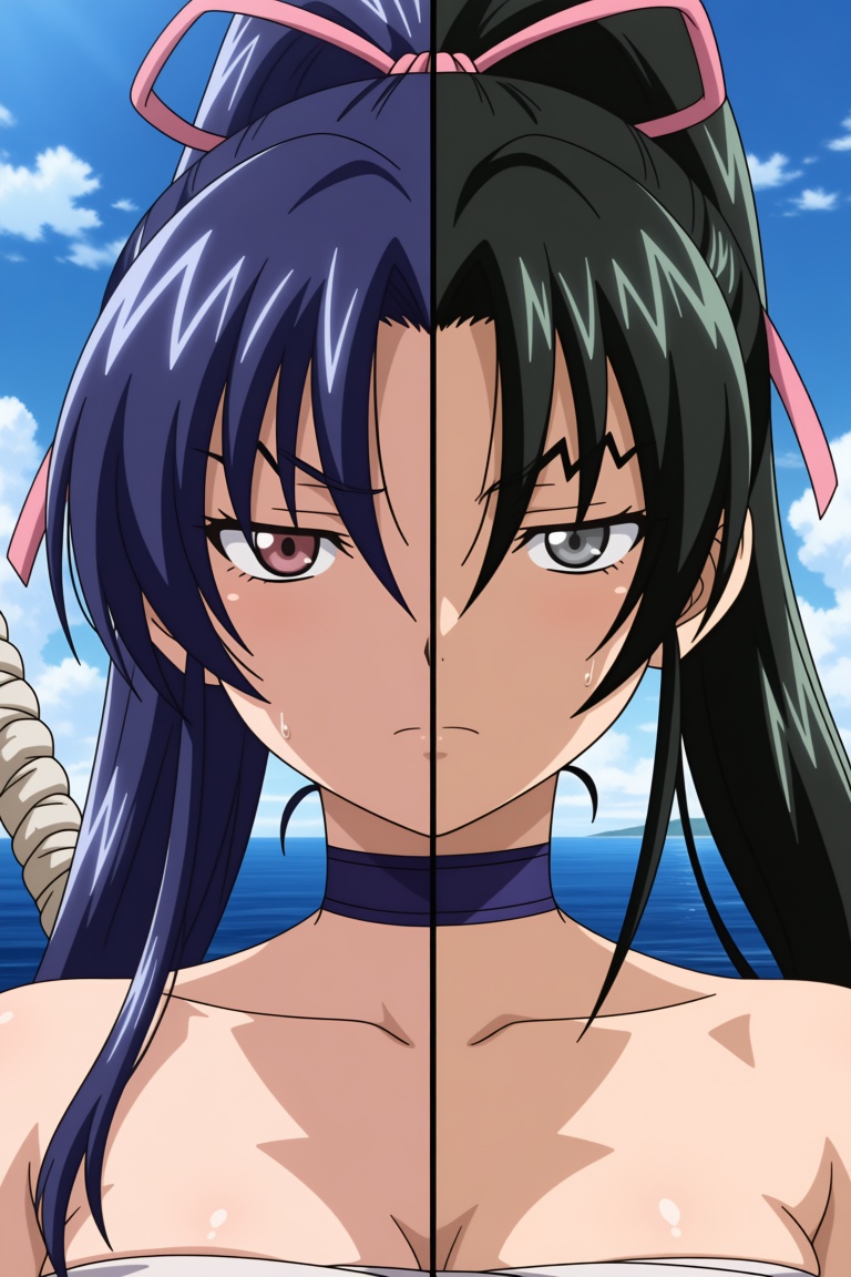 A girl on the left side with long blue hair tied in a ponytail,  with sidelocks and strands falling between her eyes,  dec...