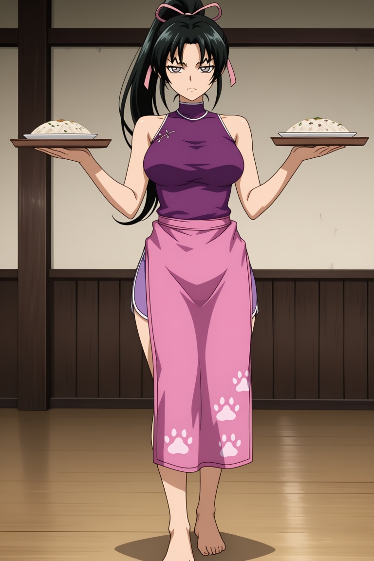 A single woman with long black hair tied back in a ponytail,  with strands falling on either side of her face and others d...