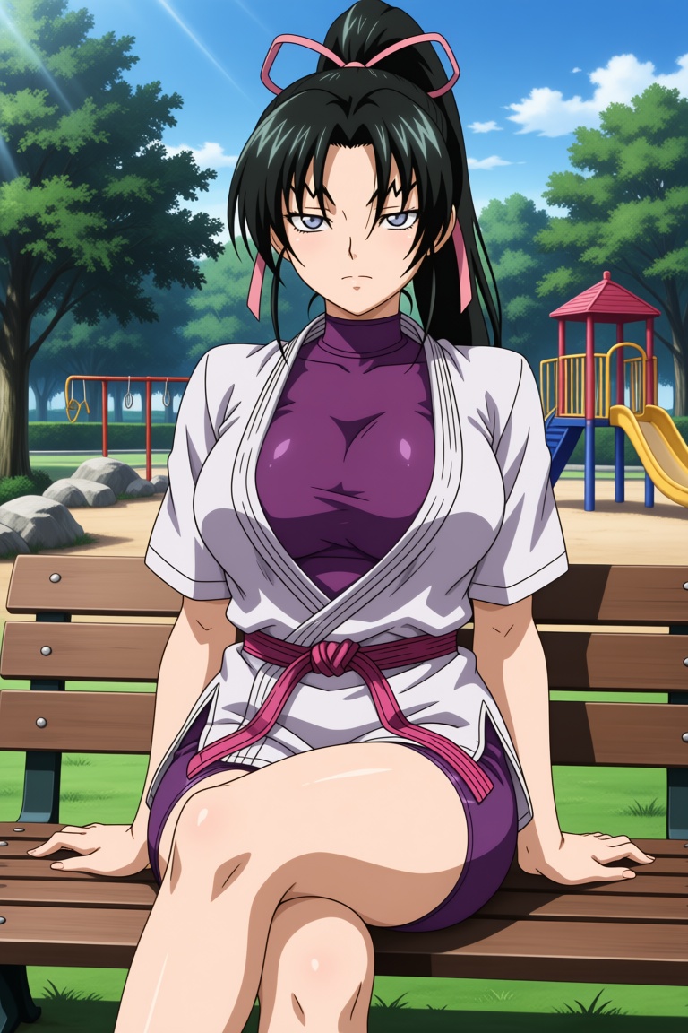 A single woman with long black hair tied back in a ponytail,  with strands falling on either side of her face and others d...