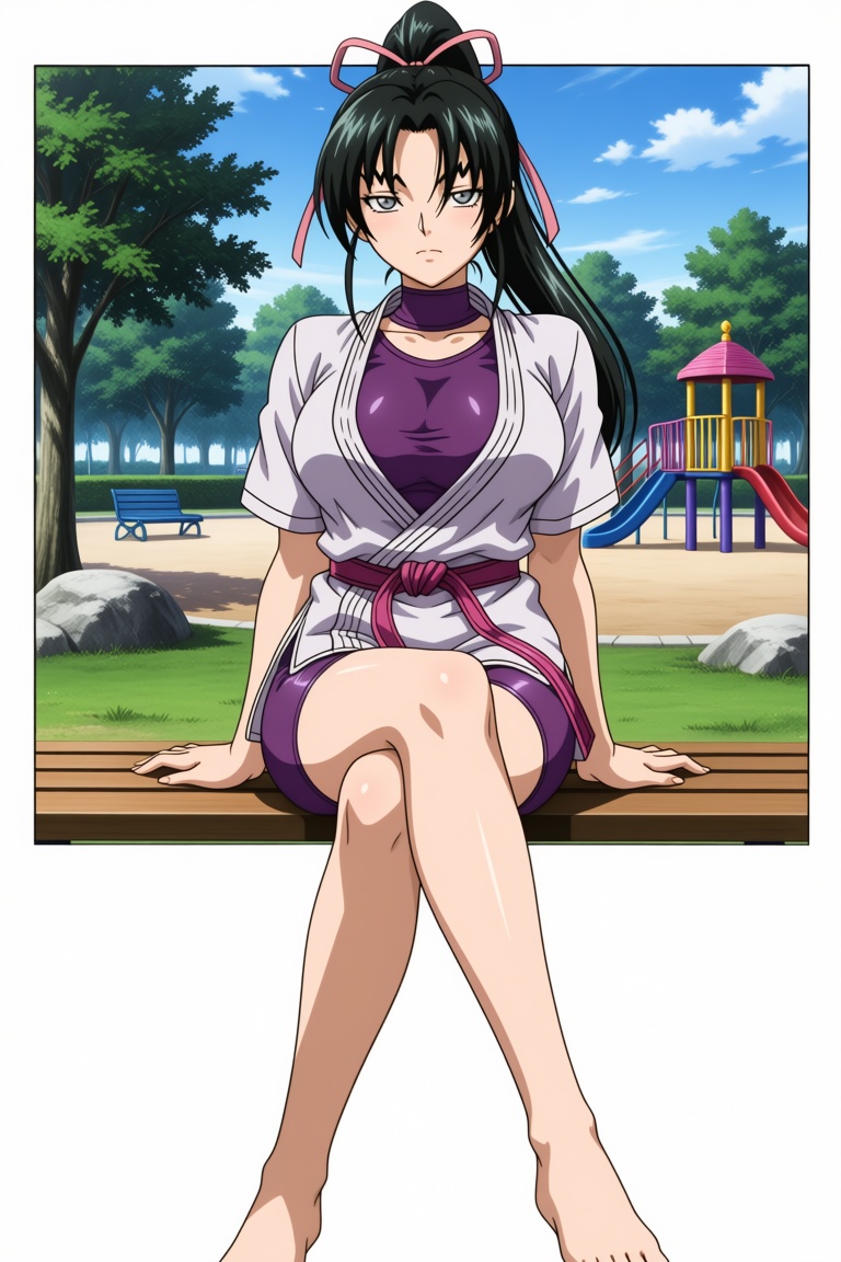 A single woman with long black hair tied back in a ponytail,  with strands falling on either side of her face and others d...