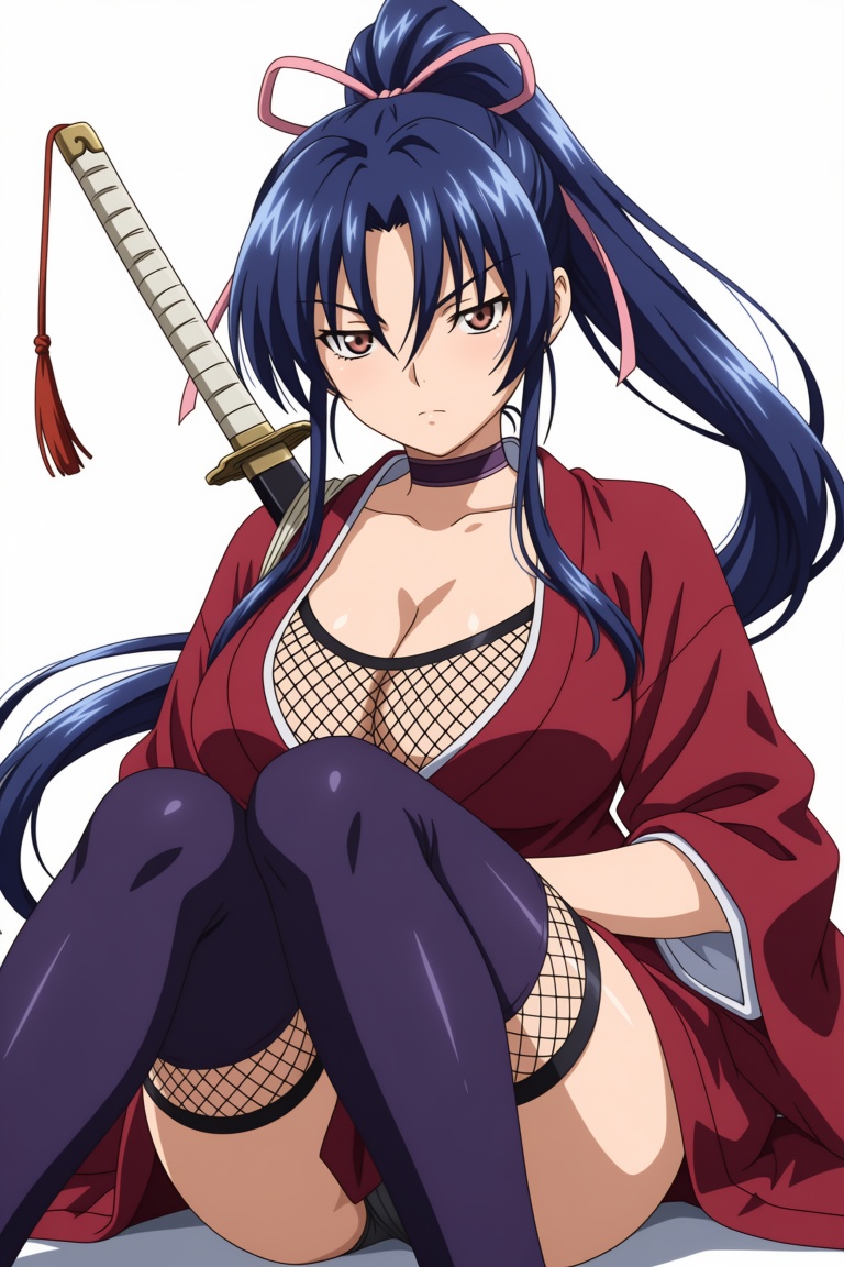 A single girl with long blue hair tied in a ponytail,  with sidelocks and strands falling between her eyes,  decorated wit...