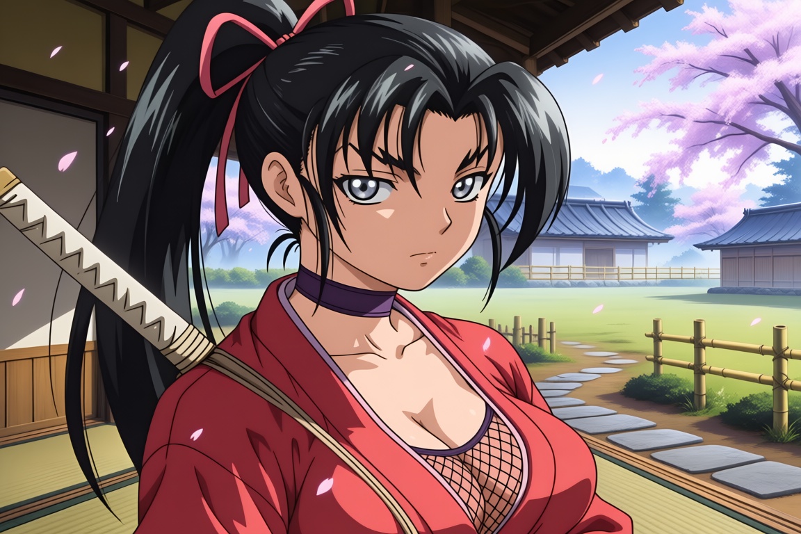 A single woman with long black hair tied back in a ponytail,  with strands falling on either side of her face and others d...