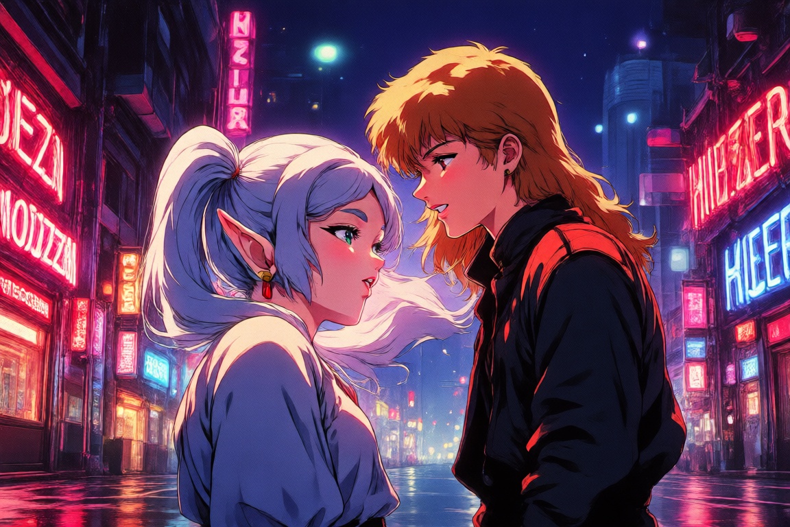 Create a retro anime scene inspired by the 1980s and 1990s styles,  featuring the Frieren and Himmel. The artwork should h...