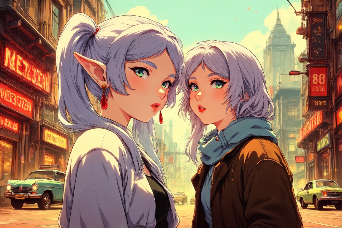 Create a retro anime-style illustration featuring Frieren and Himmel from the 90s and 80s era. Capture the essence of thei...