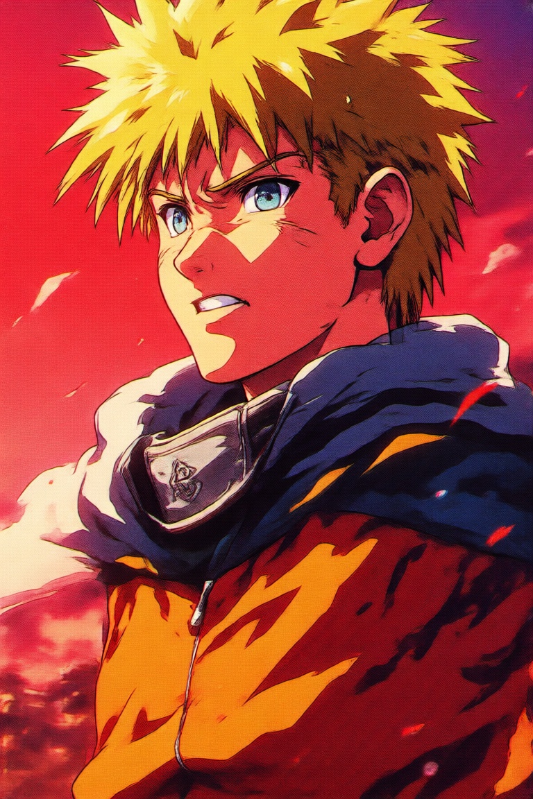 Create a retro anime style illustration featuring Naruto Uzumaki from the 90s and early 00s era. Emphasize the vibrant col...