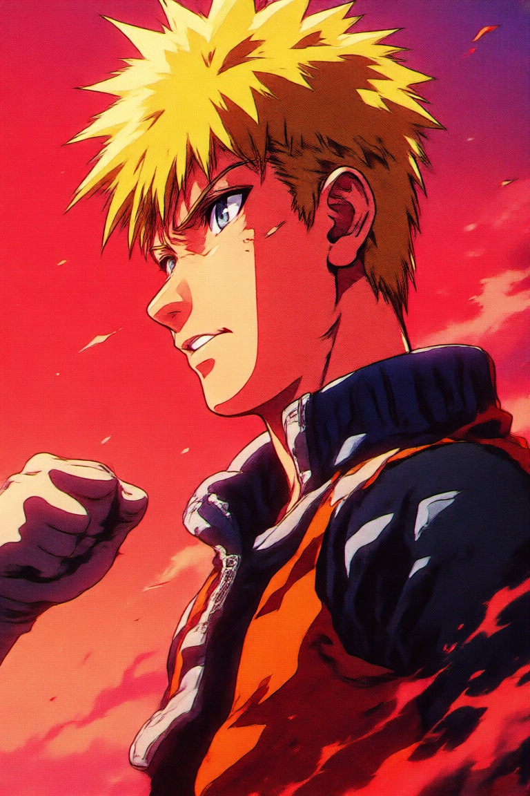 Create a retro anime style illustration featuring Naruto Uzumaki from the 90s and early 00s era. Emphasize the vibrant col...