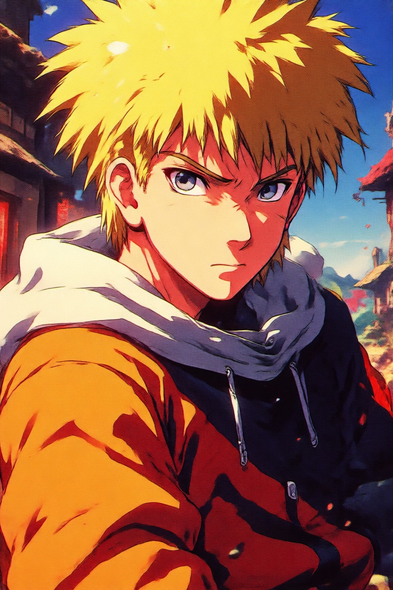 Create a retro anime-style illustration for Naruto Uzumaki from the 90s and early 2000s. Use vibrant colors and dynamic sh...