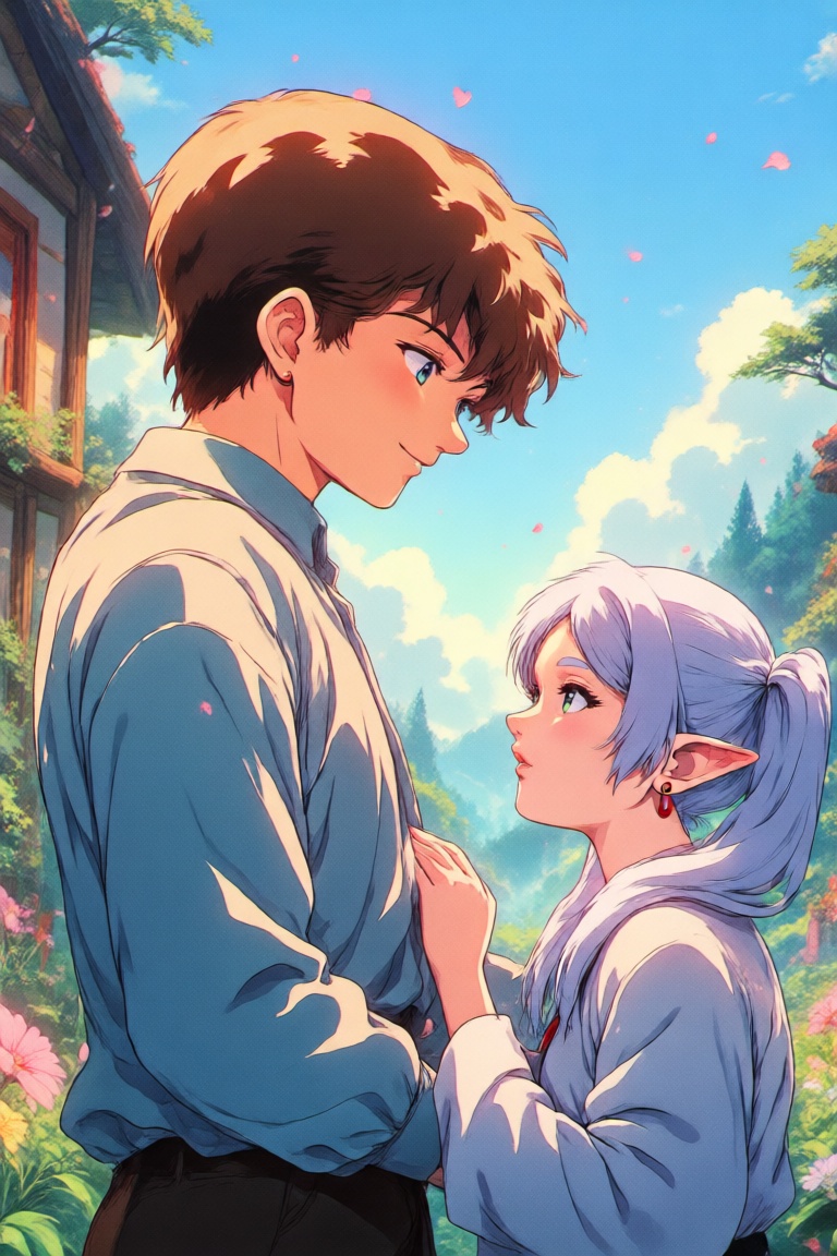 Create a retro anime scene in the style of the 1980s and 1990s,  featuring the Frieren and Himmel couple. The artwork shou...