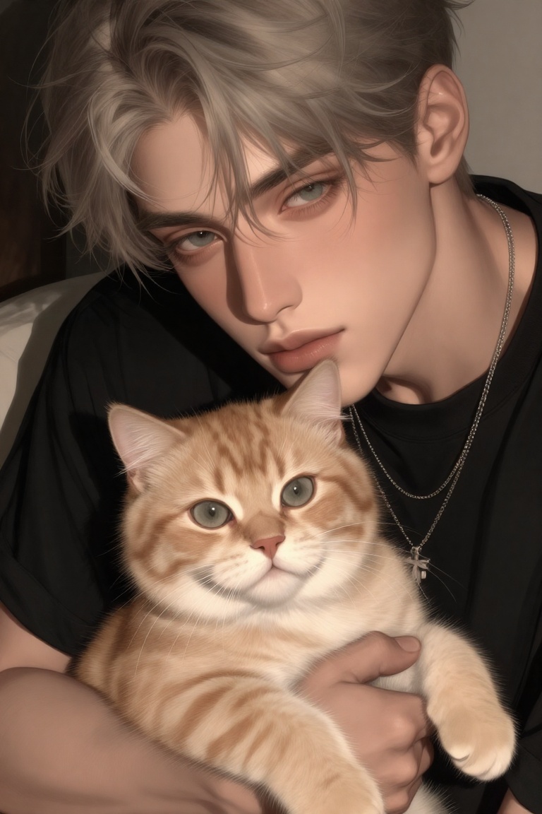 A handsome young man with short,  ash-blonde hair and a calm expression,  wearing a simple black t-shirt and layered silve...