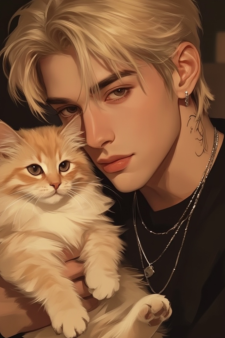 A handsome young man with short,  ash-blonde hair and a calm expression,  wearing a simple black t-shirt and layered silve...