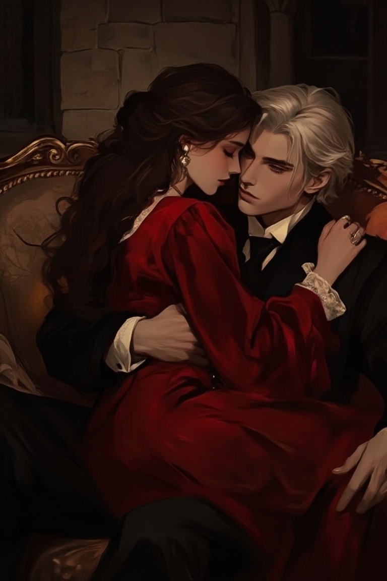 A romantic and dramatic fantasy digital painting of a beautiful woman with long,  flowing dark hair wearing a deep red med...