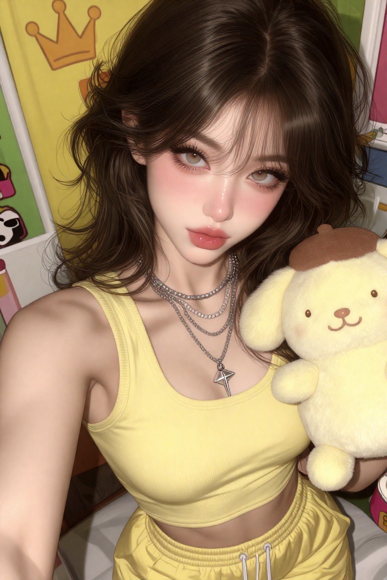 A vibrant,  high-resolution high-angle selfie of a young woman with a voluminous dark hair with bleached highlights that f...