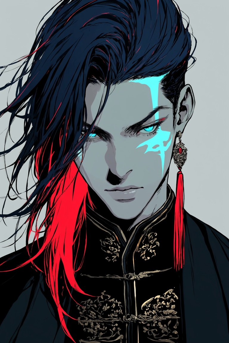 s1nozick,  portrait,  male with asymmetrical dark blue hair with crimson red tips on Tensor.Art