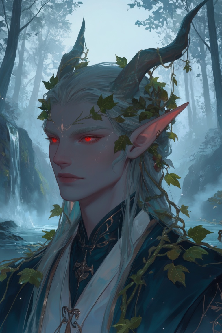 The image depicts a fantasy character with pointed ears,  likely an elf or similar creature,  adorned with leaves and vine...