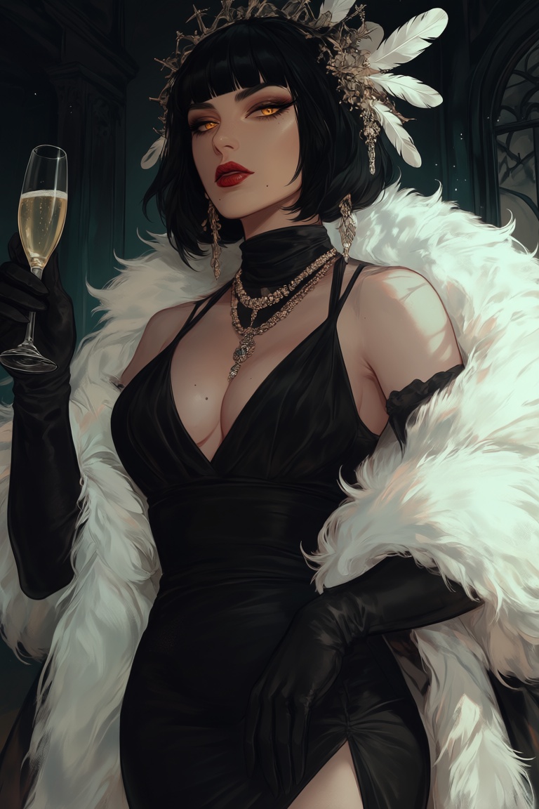 A closeup of a serious,  gothic female with fair skin and a black bob cut,  featuring blunt bangs on Tensor.Art