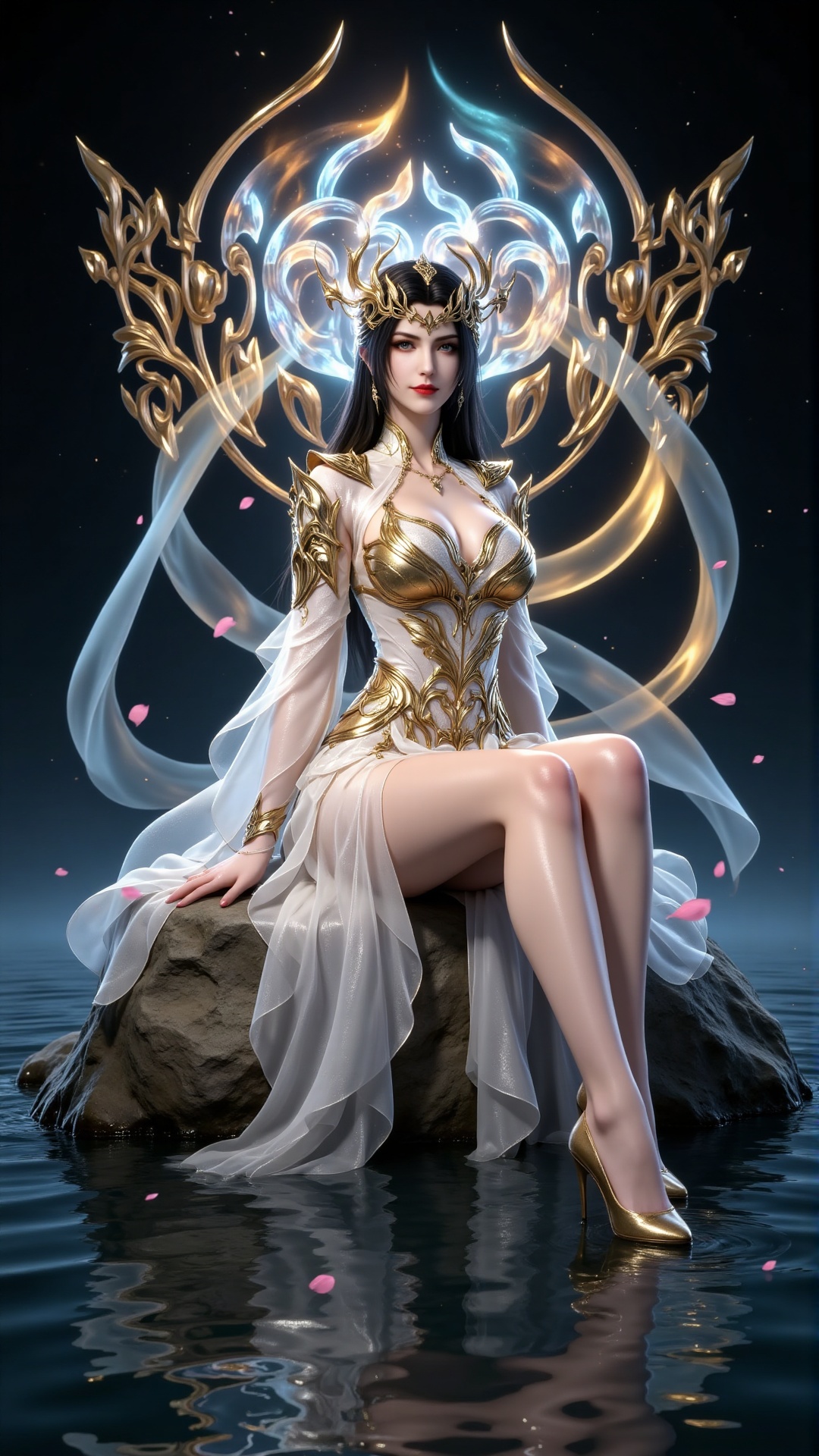 Digital artwork of a regal ethereal woman with long black hair fair skin and striking red lips. She sits on a rock in a se...