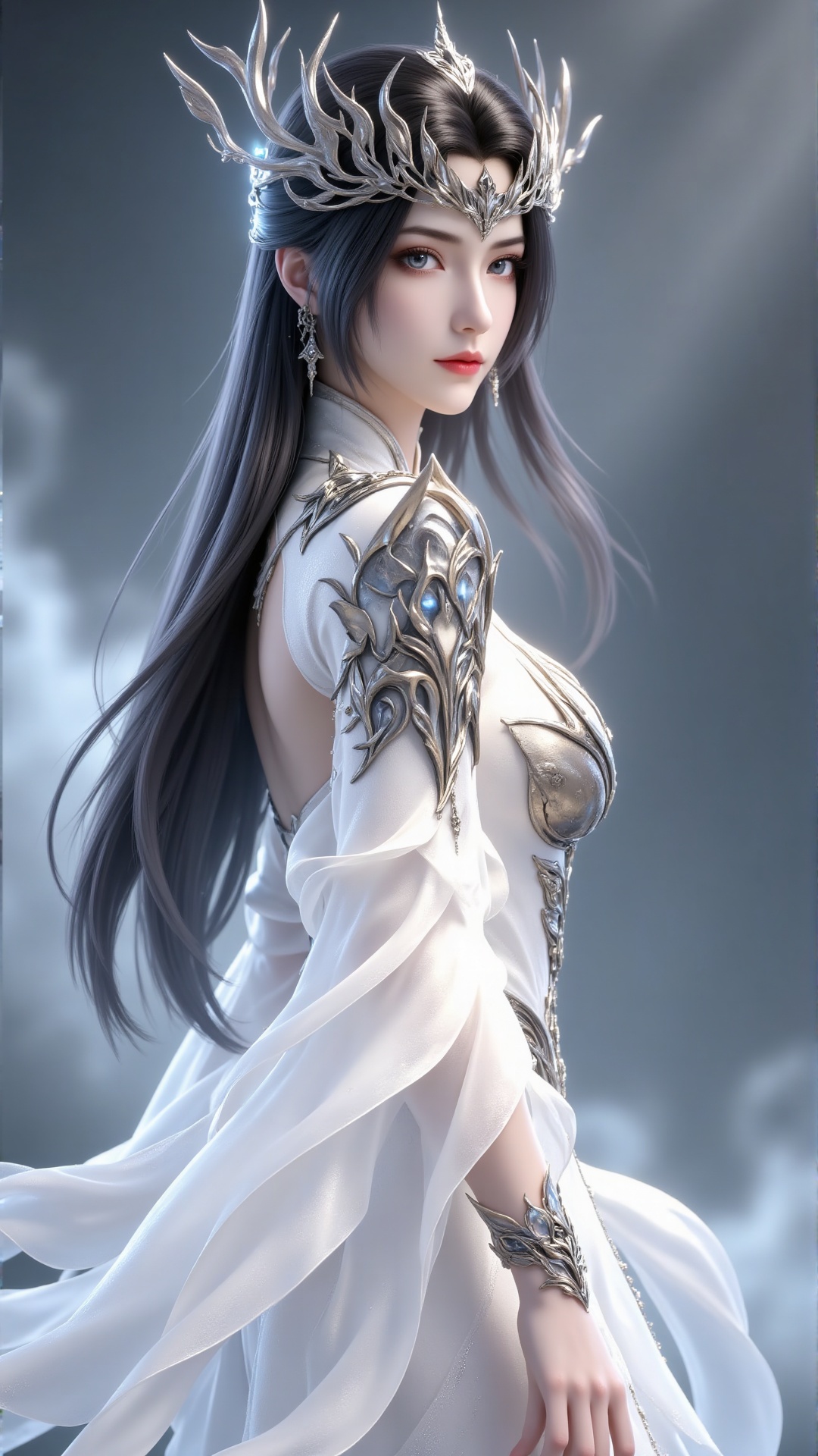 Digital painting of a regal ethereal woman with pale skin and striking blue eyes. She has long flowing black hair adorned...
