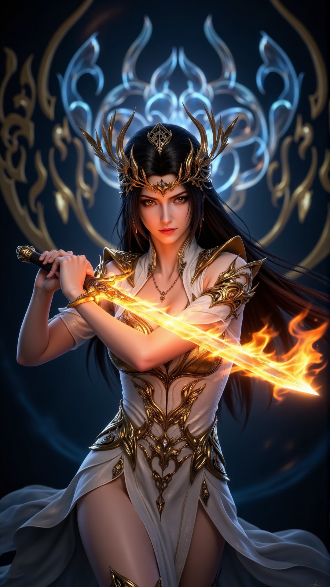 Digital fantasy artwork of a fierce beautiful woman wielding a flaming sword. She has long flowing black hair and wears an...