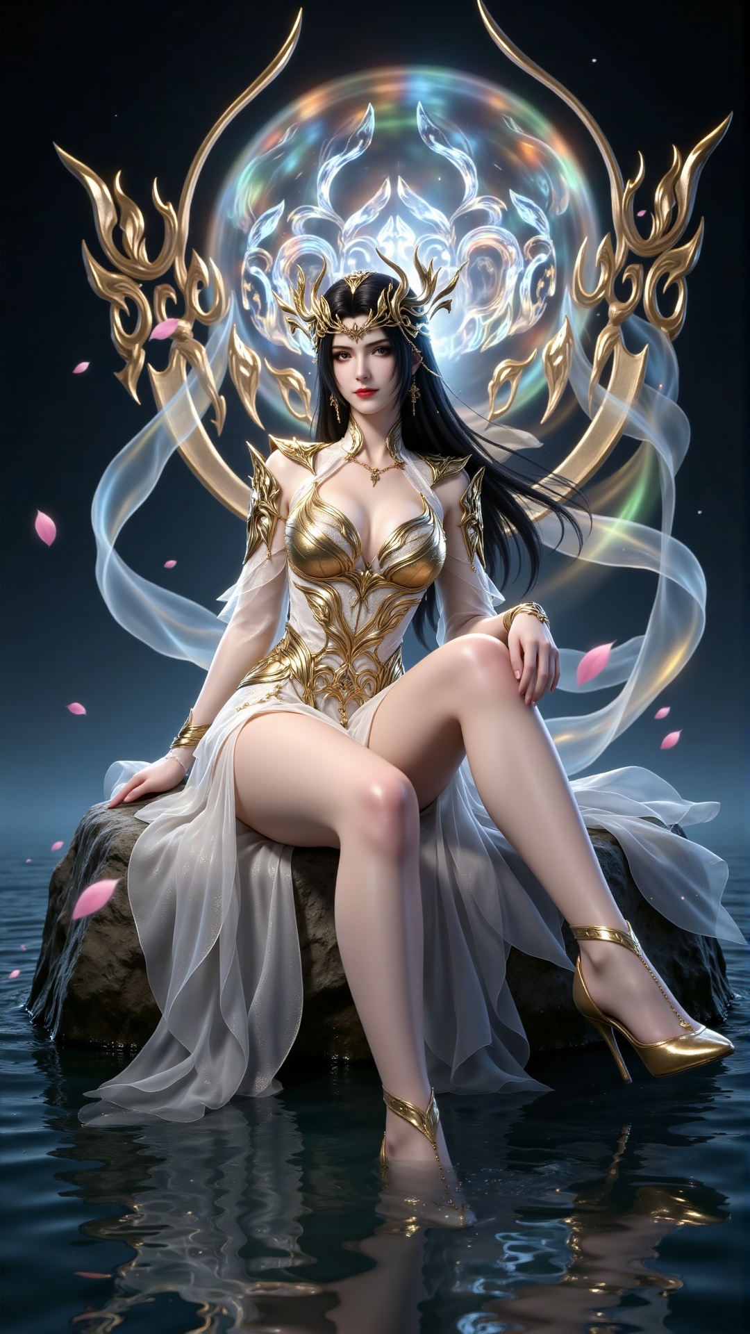 Digital artwork of a regal ethereal woman with long black hair fair skin and striking red lips. She sits on a rock in a se...