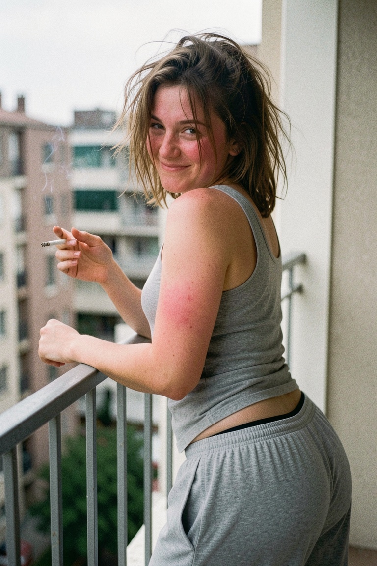 A raw,  candid medium-shot photograph from a three-quarter back angle of 22-year-old Suzy on an apartment balcony after a...