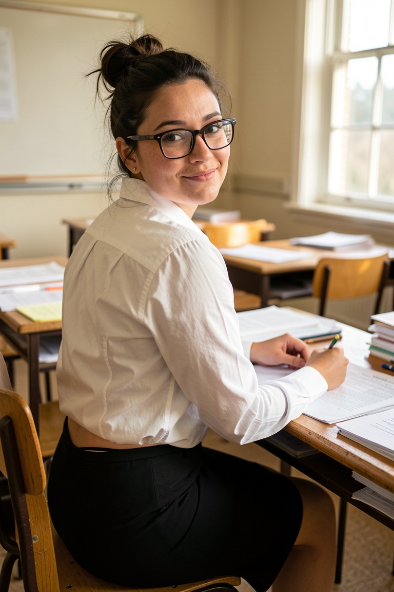 A raw,  candid medium-shot photograph with effortless realism. Miss Brown,  a beautiful 28-year-old teacher on Tensor.Art