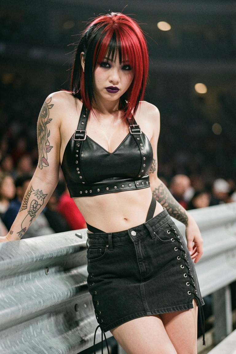 A raw,  candid medium-shot photograph of a slender,  pale 21-year-old East Asian punk woman adopting a confident WWE Paige...