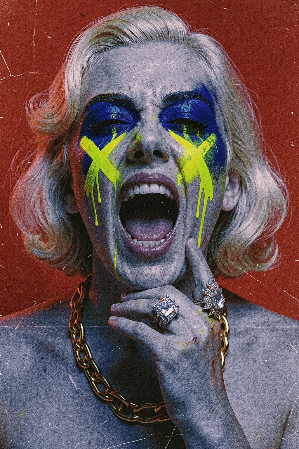 a glamorous platinum blonde woman with vintage old Hollywood finger-wave hair screaming with mouth wide open,  head tilted...