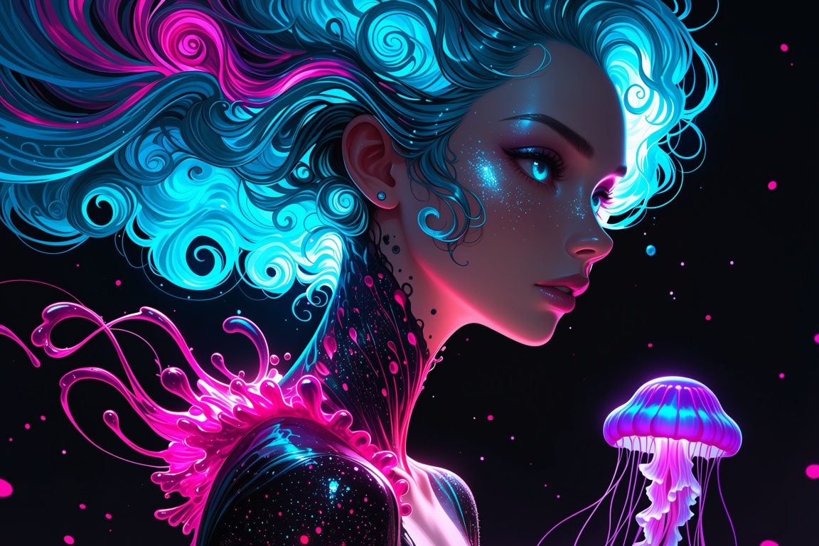 A masterfully crafted portrait of a ethereal goddess with swirling bioluminescent cyan and magenta hair,  intricate waves...